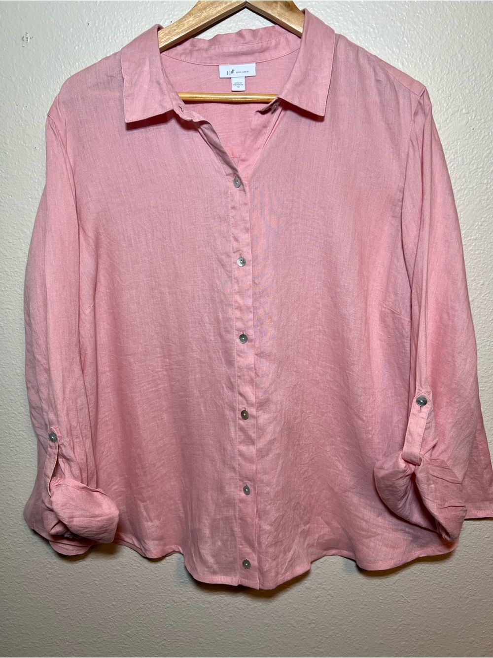 J Jill Womens 2X Love Linen Pink Button Up Shirt Linen Long Sleeve Top Plus